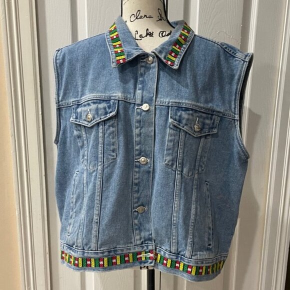 DENIM VEST Y2K 90’s COLORFUL EMBROIDERED Sz 22W BIKER ROCK HIPPIE AESTHETIC - Picture 2 of 14